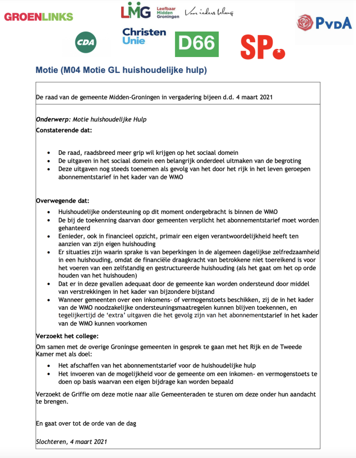Motie huishoudelijke hulp